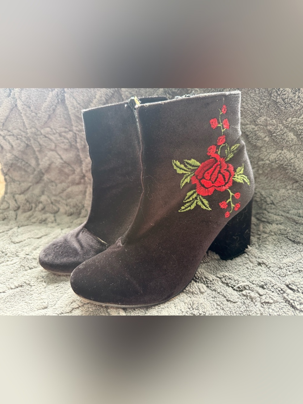 ANDREA FENZI Black Velvet Ankle Boots with Red Rose Embroidery (size 6/37)